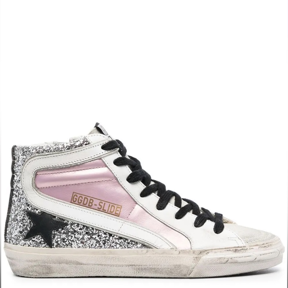 Golden Goose Slide Sneaker 38 MINT CONDITION/EUC Salmon Ice Silver Glitter